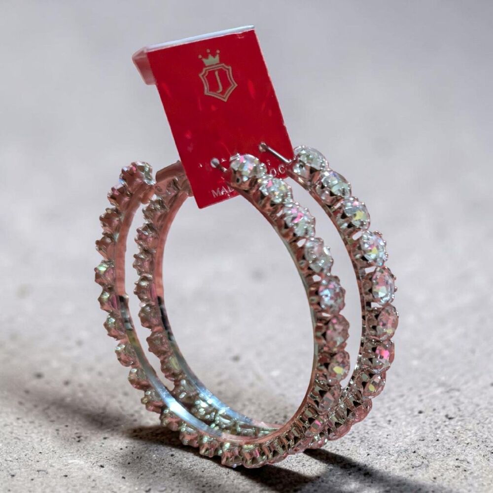 Rhinestone Hoop Earrings, Silver Tone Sparkle Statement Hoops, Glam Y2K Jewelry